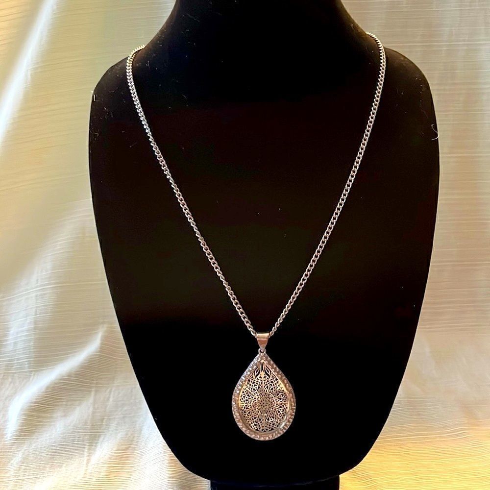Silver-Tone Long Necklace with Large Oval Detachable Perforated Pendant